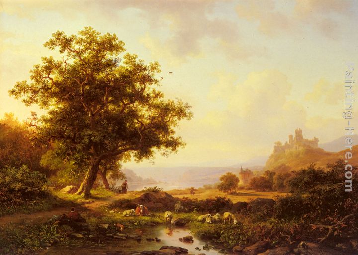 An Extensive River Landscape With A Castle On A Hill Beyond painting - Frederik Marianus Kruseman An Extensive River Landscape With A Castle On A Hill Beyond art painting